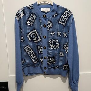 St. John Blue Graphic Button-Up Cardigan